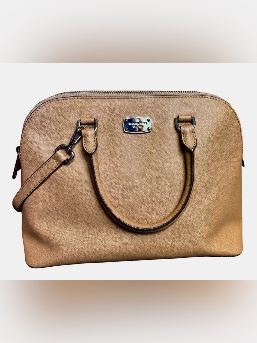 Michael Kors Tan Saffiano Leather Satchel with Silver Hardware